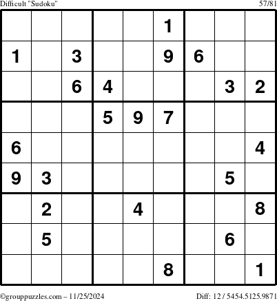 The grouppuzzles.com Difficult Sudoku puzzle for Monday November 25, 2024