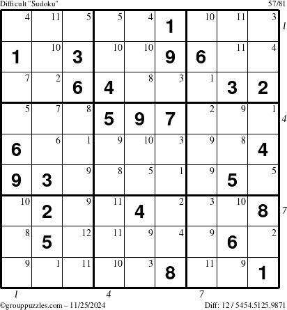 The grouppuzzles.com Difficult Sudoku puzzle for Monday November 25, 2024 with all 12 steps marked