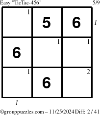 The grouppuzzles.com Easy TicTac-456 puzzle for Monday November 25, 2024 with all 2 steps marked