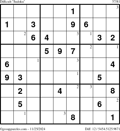 The grouppuzzles.com Difficult Sudoku puzzle for Monday November 25, 2024 with the first 3 steps marked