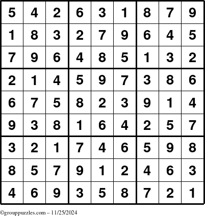 The grouppuzzles.com Answer grid for the Sudoku puzzle for Monday November 25, 2024