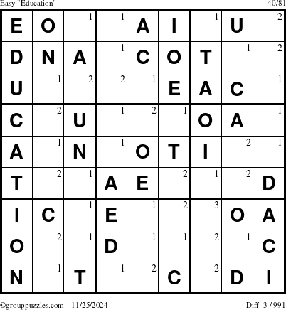 The grouppuzzles.com Easy Education-c1 puzzle for Monday November 25, 2024 with the first 3 steps marked