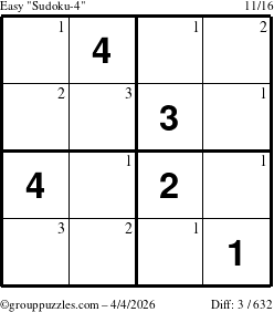The grouppuzzles.com Easy Sudoku-4 puzzle for Saturday April 4, 2026 with the first 3 steps marked