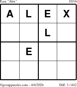 The grouppuzzles.com Easy Alex puzzle for Saturday April 4, 2026