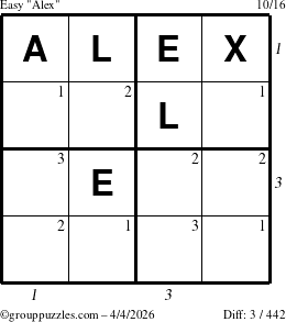 The grouppuzzles.com Easy Alex puzzle for Saturday April 4, 2026, suitable for printing, with all 3 steps marked