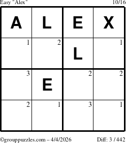 The grouppuzzles.com Easy Alex puzzle for Saturday April 4, 2026 with the first 3 steps marked
