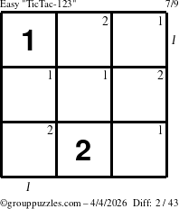 The grouppuzzles.com Easy TicTac-123 puzzle for Saturday April 4, 2026 with all 2 steps marked