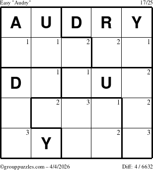 The grouppuzzles.com Easy Audry puzzle for Saturday April 4, 2026 with the first 3 steps marked