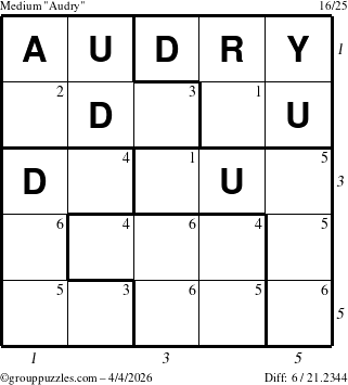 The grouppuzzles.com Medium Audry puzzle for Saturday April 4, 2026 with all 6 steps marked