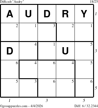 The grouppuzzles.com Difficult Audry puzzle for Saturday April 4, 2026 with all 6 steps marked