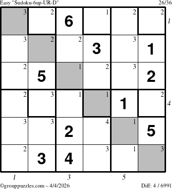 The grouppuzzles.com Easy Sudoku-6up-UR-D puzzle for Saturday April 4, 2026, suitable for printing, with all 4 steps marked