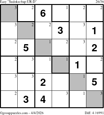 The grouppuzzles.com Easy Sudoku-6up-UR-D puzzle for Saturday April 4, 2026 with the first 3 steps marked