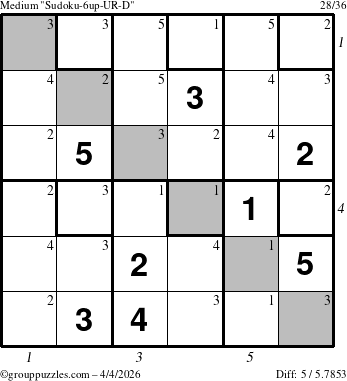 The grouppuzzles.com Medium Sudoku-6up-UR-D puzzle for Saturday April 4, 2026, suitable for printing, with all 5 steps marked