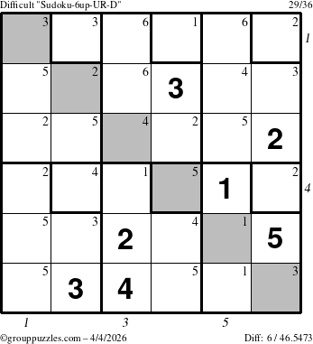 The grouppuzzles.com Difficult Sudoku-6up-UR-D puzzle for Saturday April 4, 2026 with all 6 steps marked
