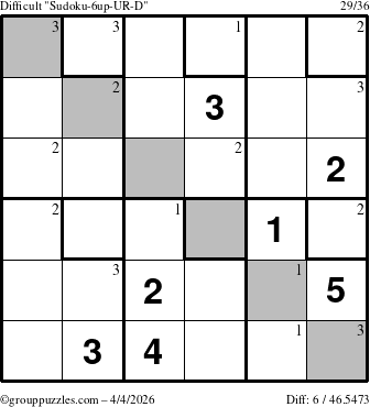 The grouppuzzles.com Difficult Sudoku-6up-UR-D puzzle for Saturday April 4, 2026 with the first 3 steps marked