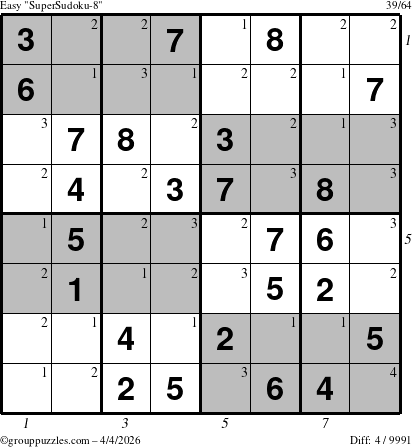 The grouppuzzles.com Easy SuperSudoku-8 puzzle for Saturday April 4, 2026 with all 4 steps marked