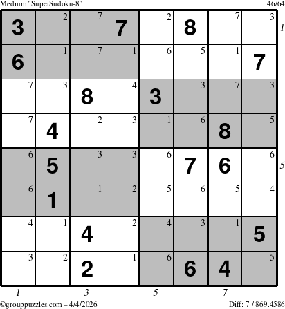 The grouppuzzles.com Medium SuperSudoku-8 puzzle for Saturday April 4, 2026 with all 7 steps marked