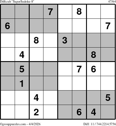 The grouppuzzles.com Difficult SuperSudoku-8 puzzle for Saturday April 4, 2026