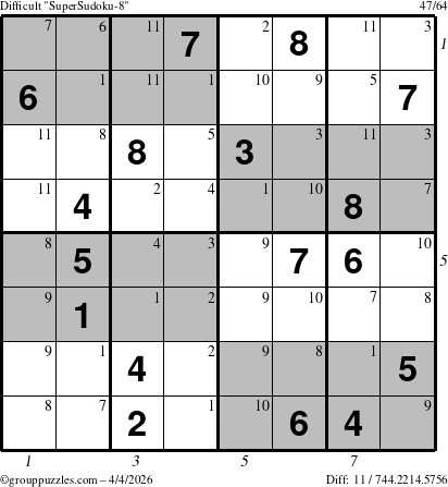 The grouppuzzles.com Difficult SuperSudoku-8 puzzle for Saturday April 4, 2026, suitable for printing, with all 11 steps marked