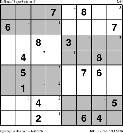 The grouppuzzles.com Difficult SuperSudoku-8 puzzle for Saturday April 4, 2026 with the first 3 steps marked