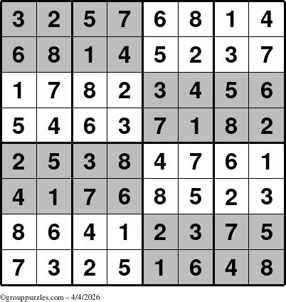 The grouppuzzles.com Answer grid for the SuperSudoku-8 puzzle for Saturday April 4, 2026