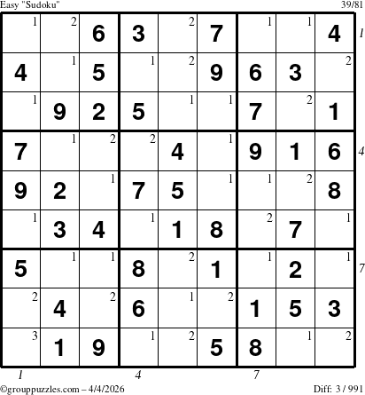 The grouppuzzles.com Easy Sudoku puzzle for Saturday April 4, 2026, suitable for printing, with all 3 steps marked