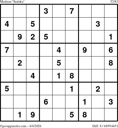 The grouppuzzles.com Medium Sudoku puzzle for Saturday April 4, 2026