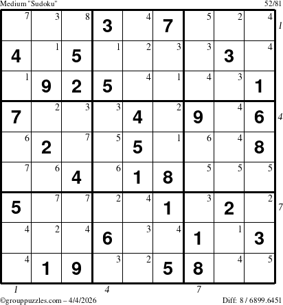 The grouppuzzles.com Medium Sudoku puzzle for Saturday April 4, 2026 with all 8 steps marked