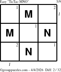 The grouppuzzles.com Easy TicTac-MNO puzzle for Saturday April 4, 2026 with all 2 steps marked