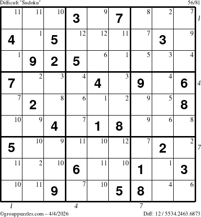 The grouppuzzles.com Difficult Sudoku puzzle for Saturday April 4, 2026, suitable for printing, with all 12 steps marked