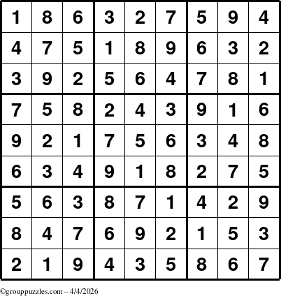 The grouppuzzles.com Answer grid for the Sudoku puzzle for Saturday April 4, 2026