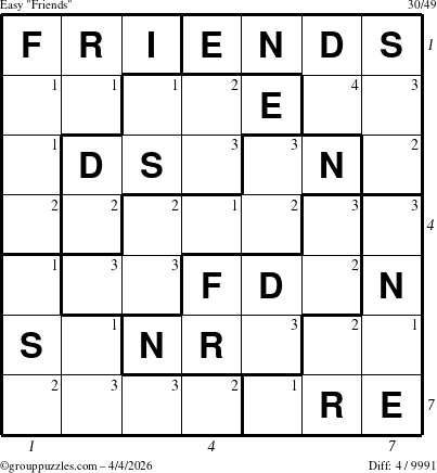 The grouppuzzles.com Easy Friends puzzle for Saturday April 4, 2026 with all 4 steps marked