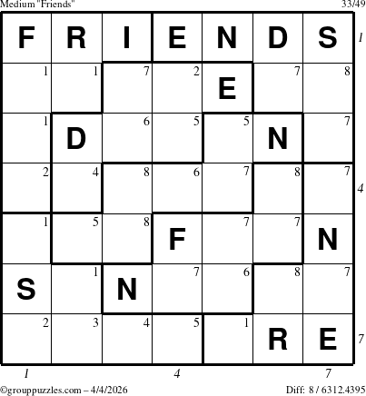 The grouppuzzles.com Medium Friends puzzle for Saturday April 4, 2026, suitable for printing, with all 8 steps marked