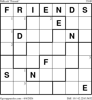 The grouppuzzles.com Difficult Friends puzzle for Saturday April 4, 2026 with the first 3 steps marked