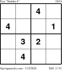 The grouppuzzles.com Easy Sudoku-4 puzzle for Saturday November 2, 2024