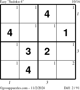 The grouppuzzles.com Easy Sudoku-4 puzzle for Saturday November 2, 2024 with all 2 steps marked