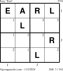 The grouppuzzles.com Easy Earl puzzle for Saturday November 2, 2024, suitable for printing, with all 3 steps marked