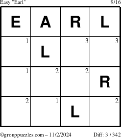 The grouppuzzles.com Easy Earl puzzle for Saturday November 2, 2024 with the first 3 steps marked