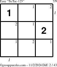 The grouppuzzles.com Easy TicTac-123 puzzle for Saturday November 2, 2024 with all 2 steps marked