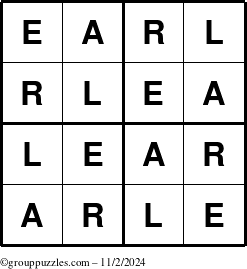 The grouppuzzles.com Answer grid for the Earl puzzle for Saturday November 2, 2024