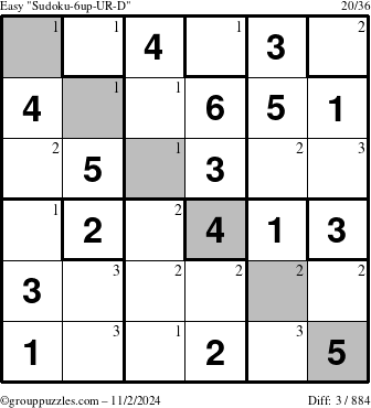 The grouppuzzles.com Easy Sudoku-6up-UR-D puzzle for Saturday November 2, 2024 with the first 3 steps marked