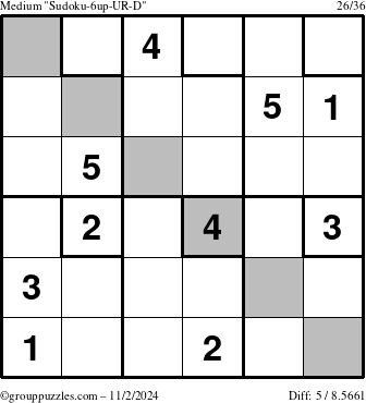 The grouppuzzles.com Medium Sudoku-6up-UR-D puzzle for Saturday November 2, 2024