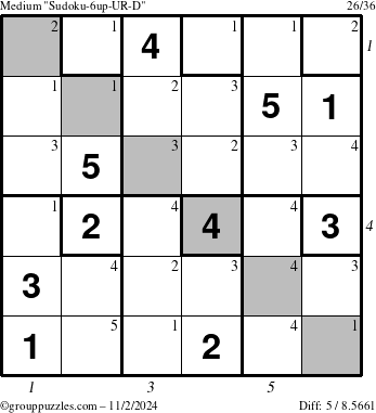 The grouppuzzles.com Medium Sudoku-6up-UR-D puzzle for Saturday November 2, 2024, suitable for printing, with all 5 steps marked