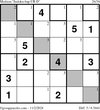 The grouppuzzles.com Medium Sudoku-6up-UR-D puzzle for Saturday November 2, 2024 with the first 3 steps marked