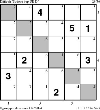 The grouppuzzles.com Difficult Sudoku-6up-UR-D puzzle for Saturday November 2, 2024, suitable for printing, with all 7 steps marked