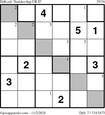 The grouppuzzles.com Difficult Sudoku-6up-UR-D puzzle for Saturday November 2, 2024 with the first 3 steps marked