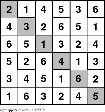 The grouppuzzles.com Answer grid for the Sudoku-6up-UR-D puzzle for Saturday November 2, 2024