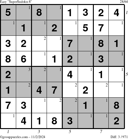 The grouppuzzles.com Easy SuperSudoku-8 puzzle for Saturday November 2, 2024, suitable for printing, with all 3 steps marked