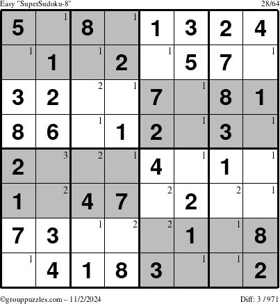 The grouppuzzles.com Easy SuperSudoku-8 puzzle for Saturday November 2, 2024 with the first 3 steps marked