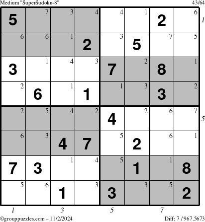 The grouppuzzles.com Medium SuperSudoku-8 puzzle for Saturday November 2, 2024, suitable for printing, with all 7 steps marked